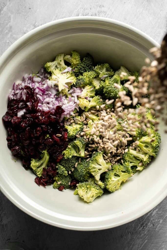 Adding red onion, dried cranberries, and sunflower seeds to the broccoli.