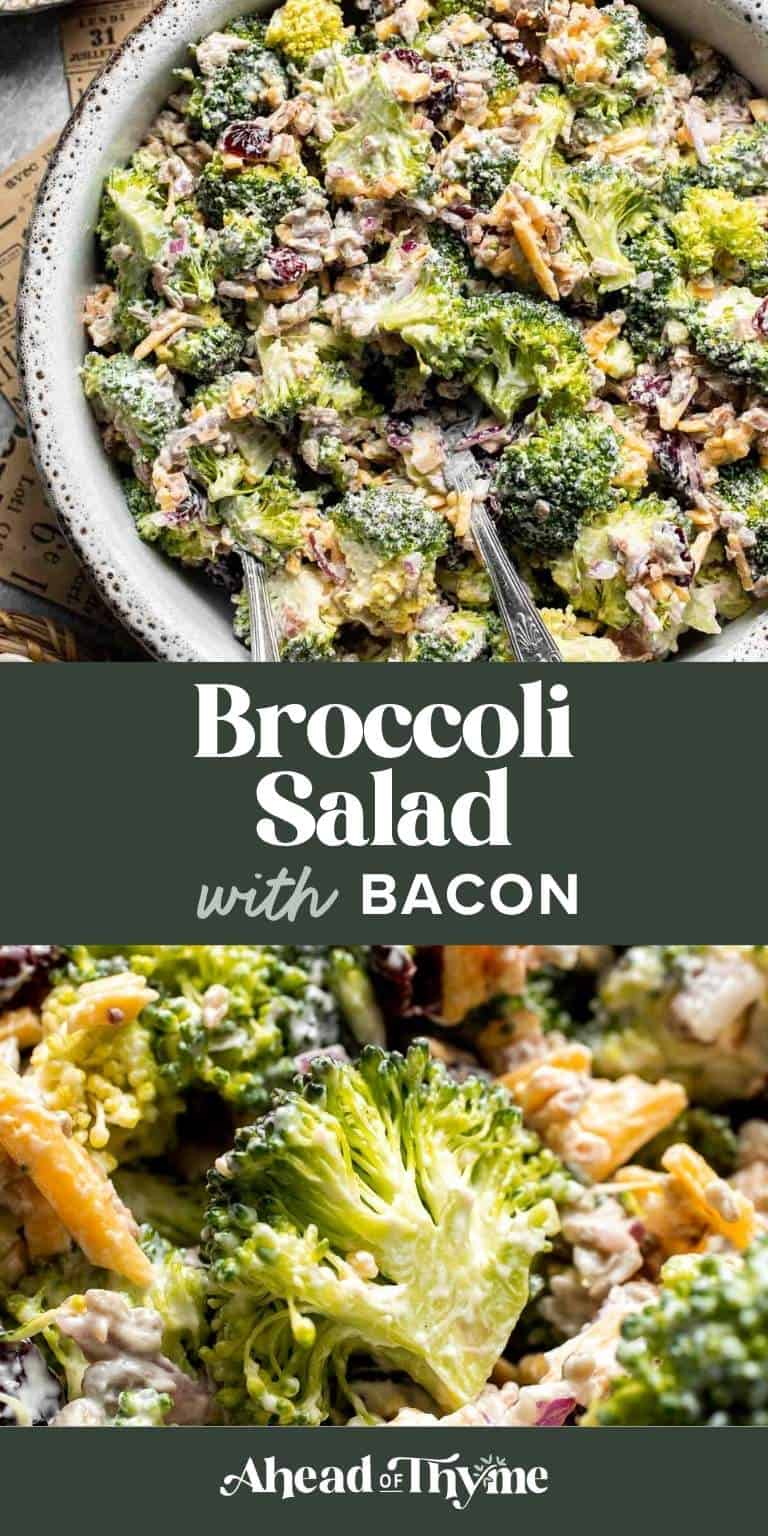 Creamy Broccoli Salad is loaded with fresh broccoli, crispy bacon, cheddar cheese, dried cranberries, sunflower seeds, and a tangy homemade dressing. An easy make-ahead side dish that's perfect for potlucks, BBQs, and family dinners.