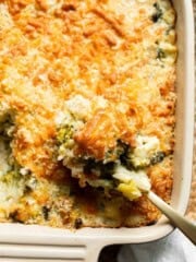 Close-up of the golden, crispy panko and cheddar topping on baked broccoli rice casserole