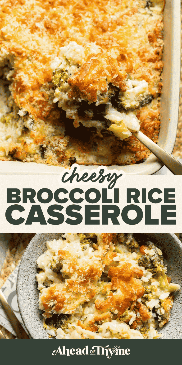 Cheesy Broccoli Rice Casserole recipe — broccoli, rice, and a homemade cheese sauce topped with crispy panko and baked until golden | Ahead of Thyme
