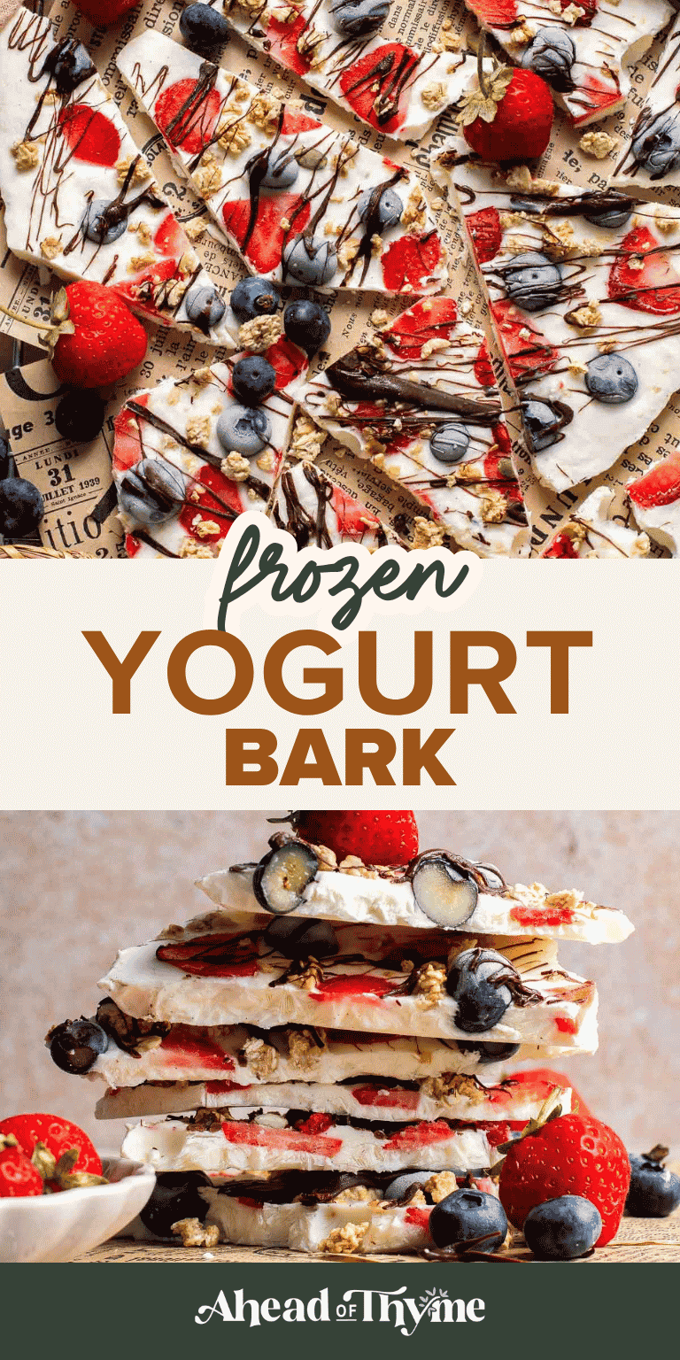 Frozen Yogurt Bark recipe — creamy Greek yogurt bark with fresh strawberries, blueberries, granola, and chocolate drizzle, a no-bake summer treat | Ahead of Thyme