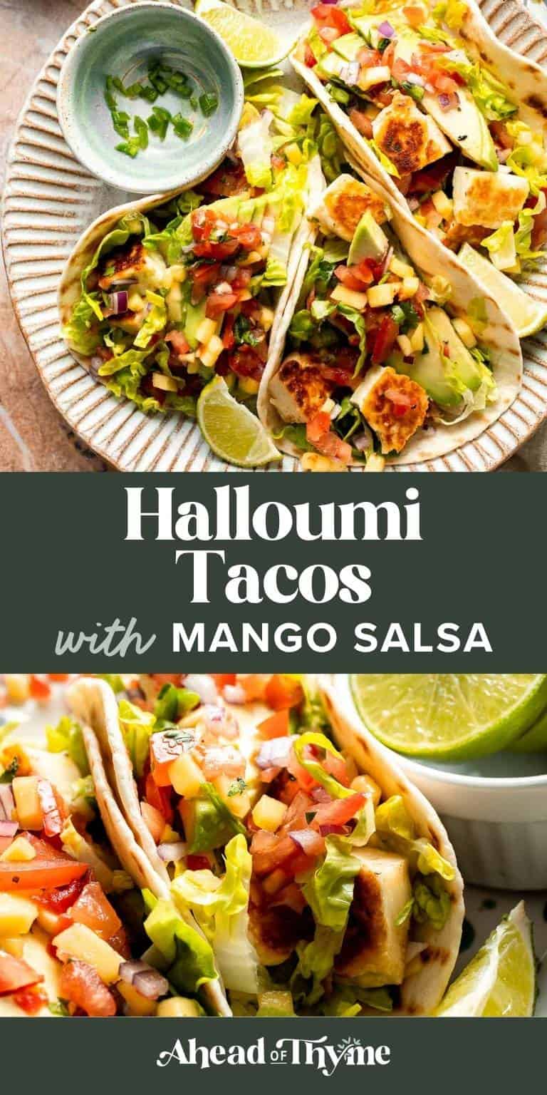 Halloumi Tacos are filled with crispy halloumi, fresh mango salsa, creamy avocado, and crunchy cabbage for an easy vegetarian taco recipe.