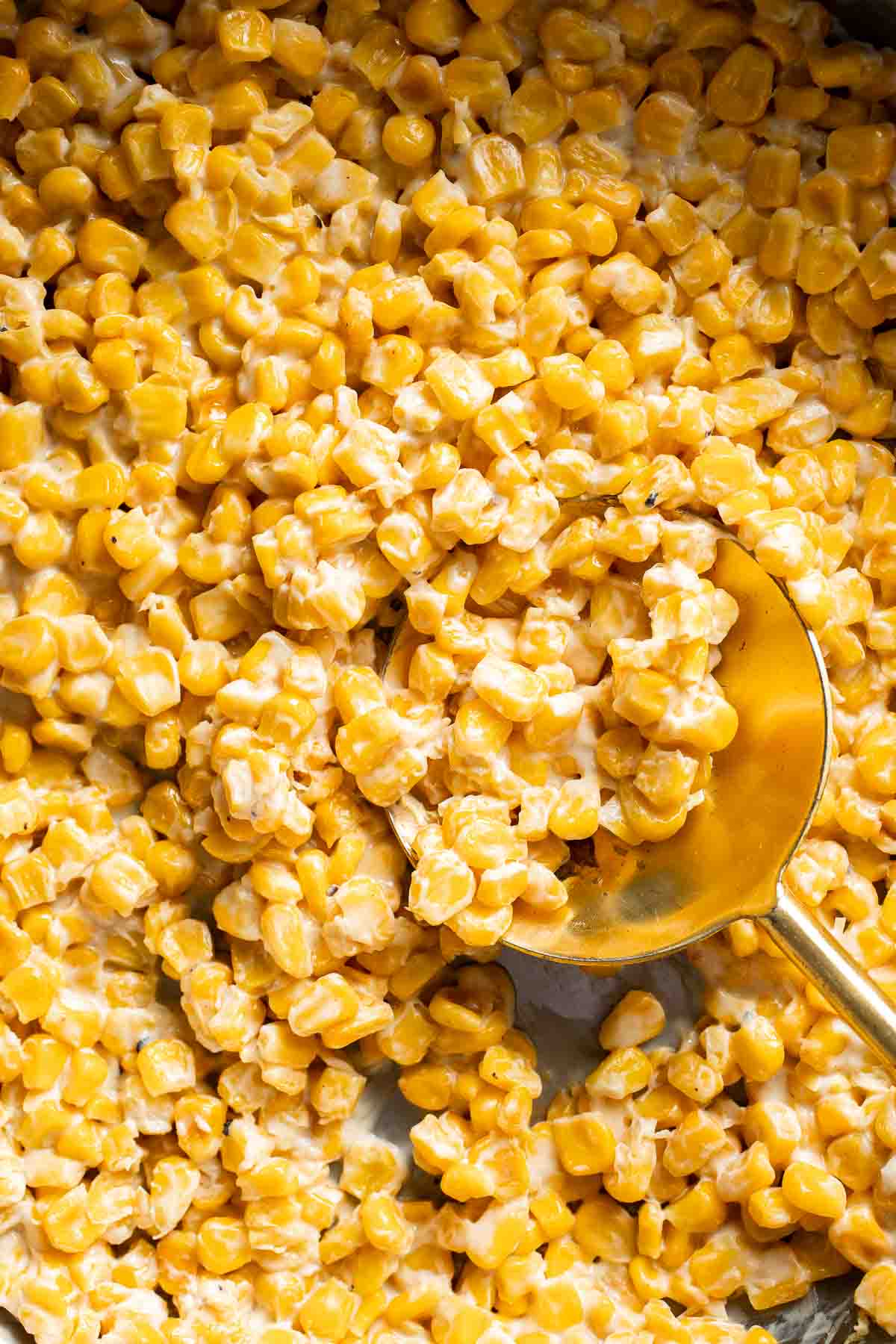 Close-up of honey butter skillet corn showing a creamy, glossy coating