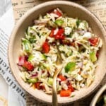 Lemon Orzo Salad with cucumber, red bell pepper, red onion, feta cheese, fresh dill, and lemon dressing.