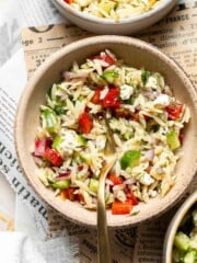 Lemon Orzo Salad with cucumber, red bell pepper, red onion, feta cheese, fresh dill, and lemon dressing.