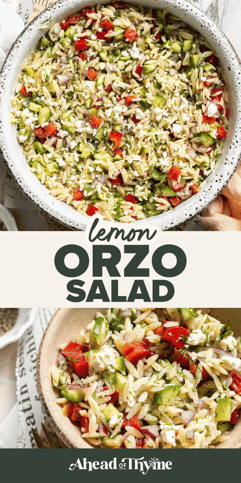 Lemon Orzo Salad with cucumber, red bell pepper, feta, and fresh dill tossed in a bright lemon dressing.