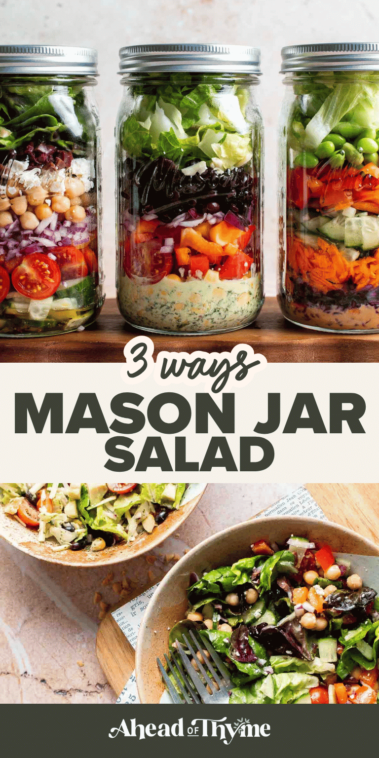 Mason Jar Salad (3 Ways) recipe — Mediterranean, Southwest, and Asian peanut salads layered in jars for easy grab-and-go meal prep lunches | Ahead of Thyme