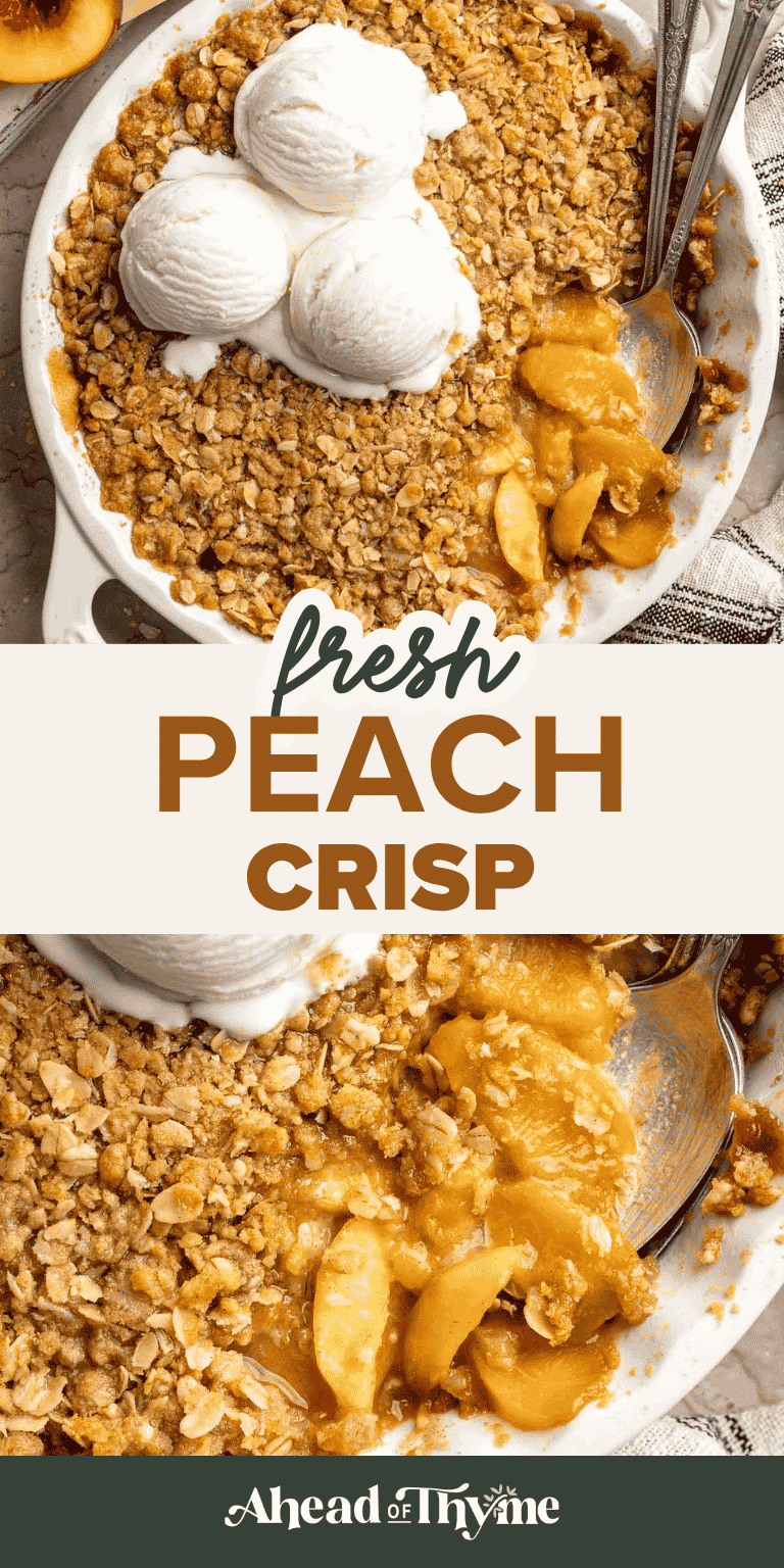 This easy Peach Crisp is made with juicy fresh peaches and a buttery cinnamon oat topping, then served warm with vanilla ice cream for the ultimate summer dessert.