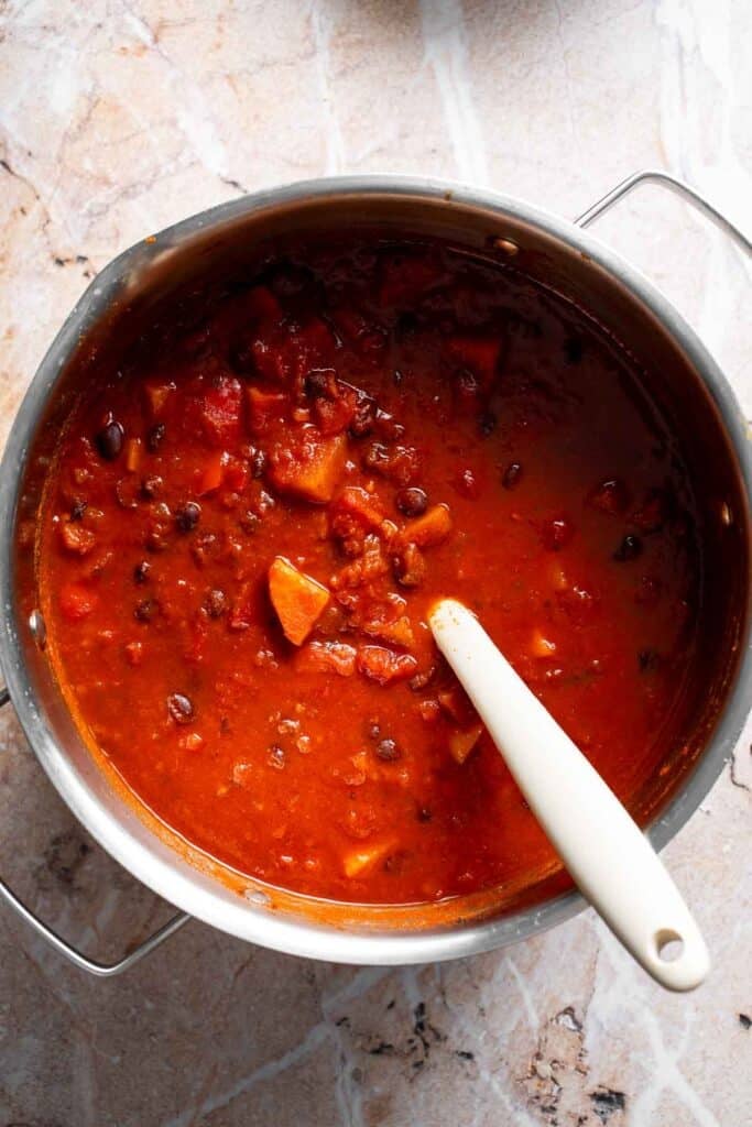 Pot of cooked sweet potato black bean chili