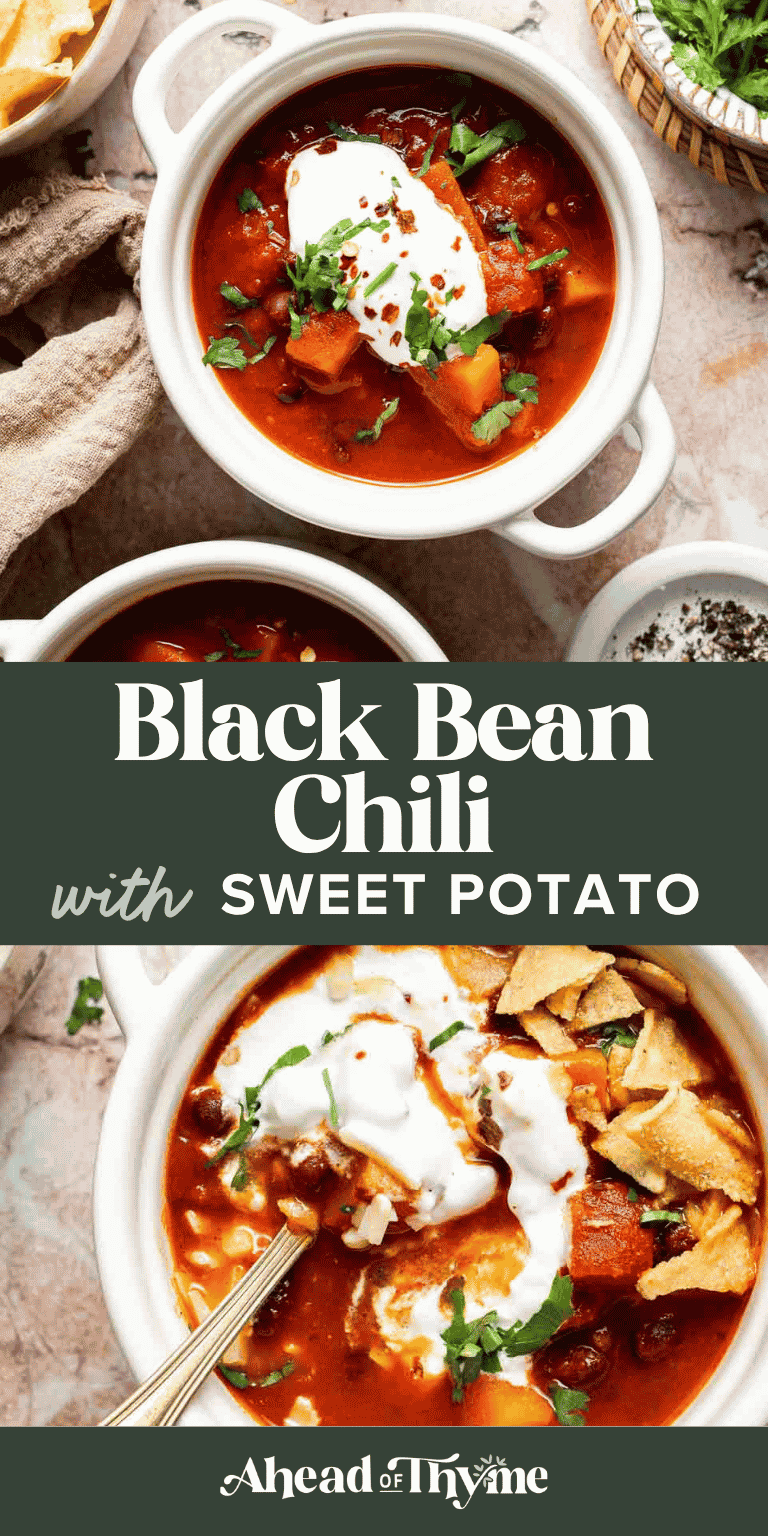 Sweet Potato Black Bean Chili recipe — a hearty, smoky one-pot vegetarian chili with tender sweet potatoes, black beans, and warm spices | Ahead of Thyme