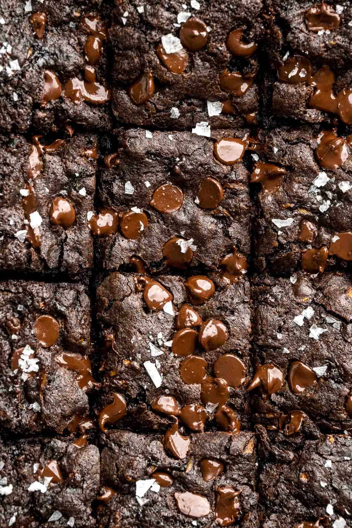 Overhead view of fudgy zucchini brownies sliced into squares and topped with chocolate chips