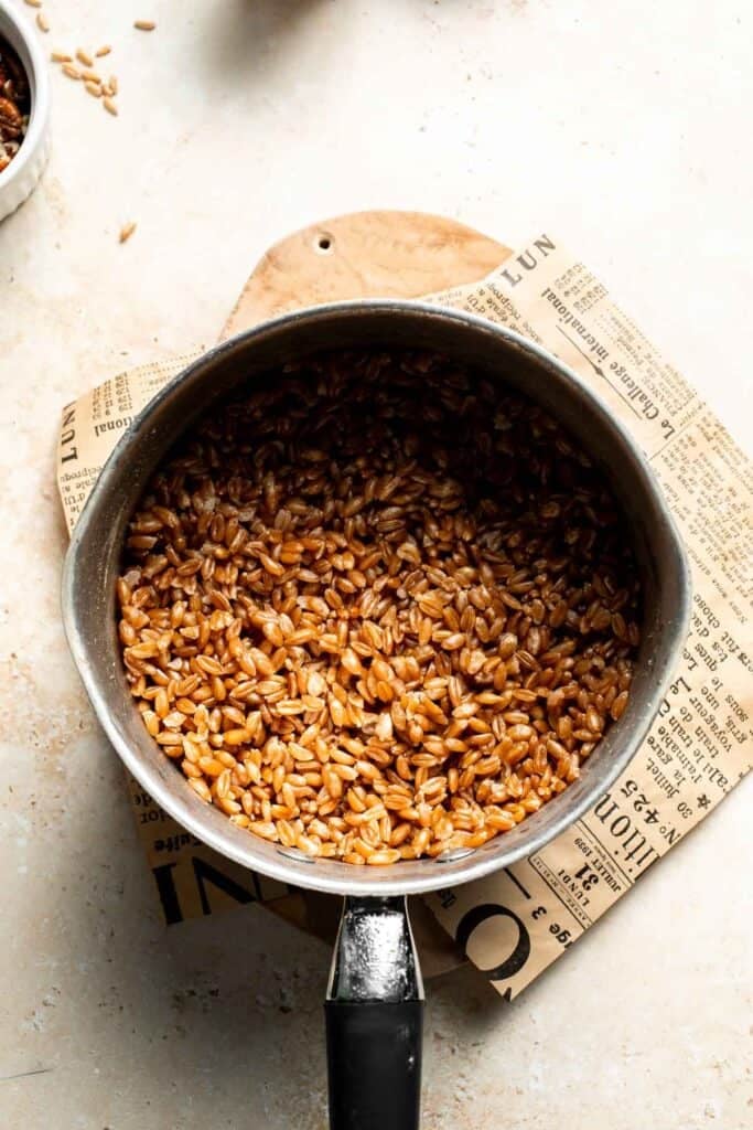 Cooked farro in a saucepan after draining