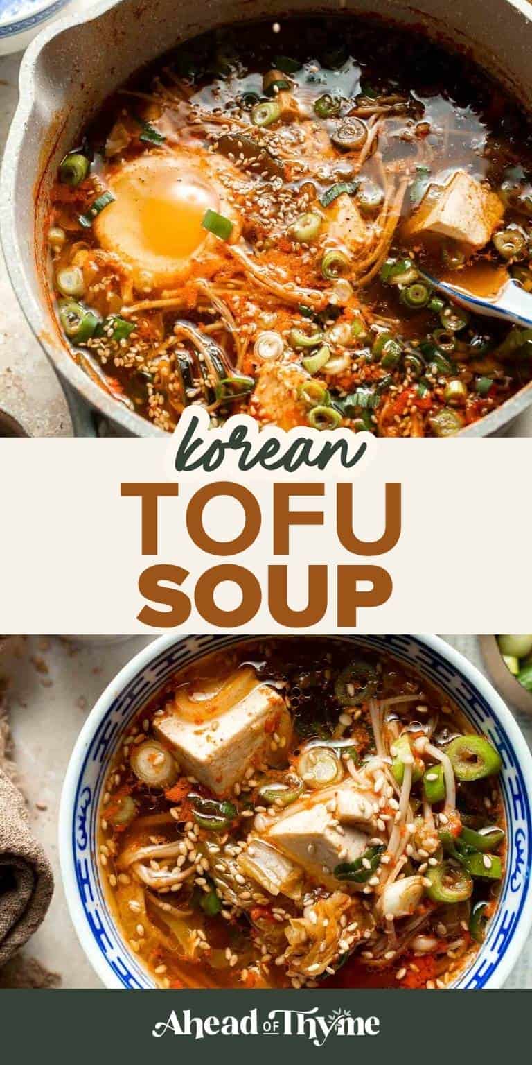 Korean Tofu Soup (Soondubu Jjigae) recipe — silky soft tofu, napa cabbage, and mushrooms in a savory broth topped with a poached egg | Ahead of Thyme