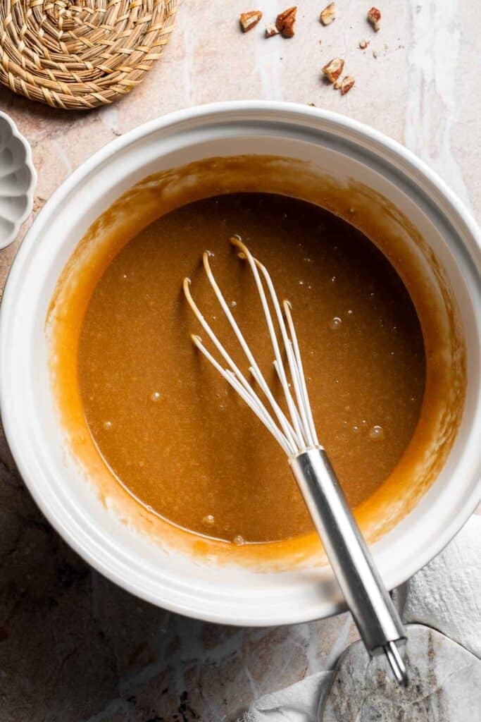 Wet ingredients whisked smooth in a bowl