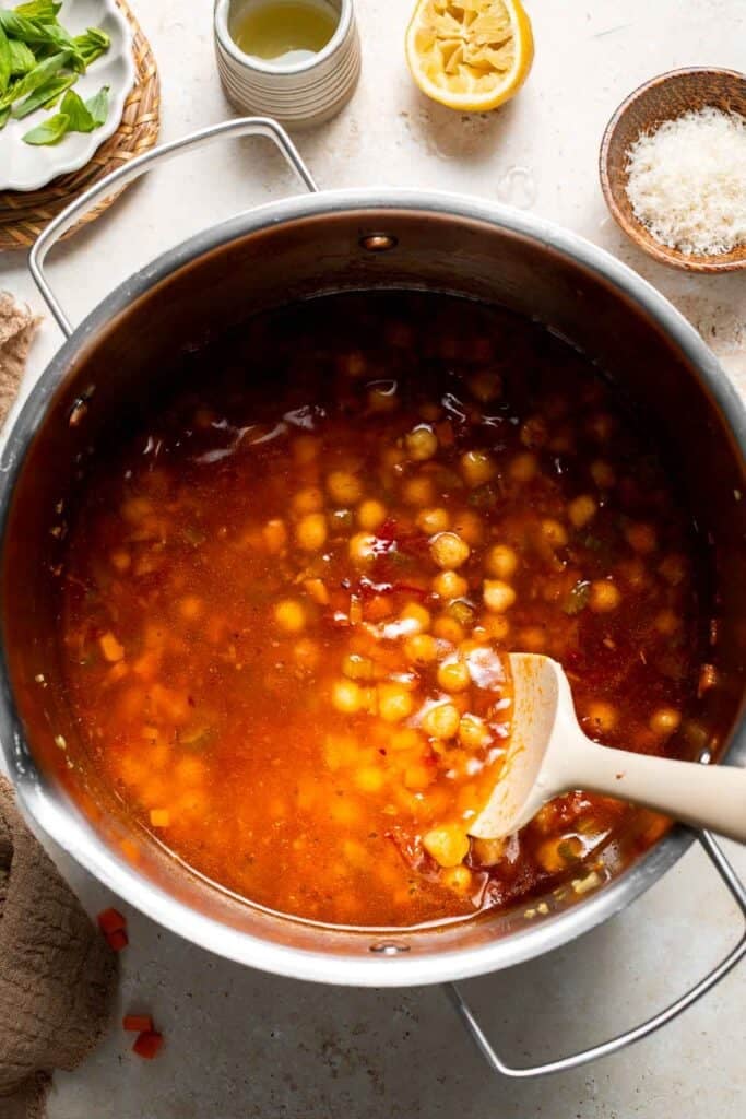 Soup simmering in a pot before blending