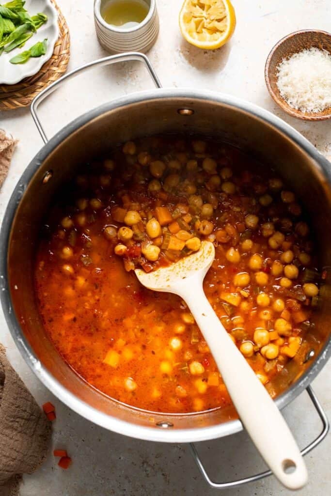 Cooked chickpea soup in a pot