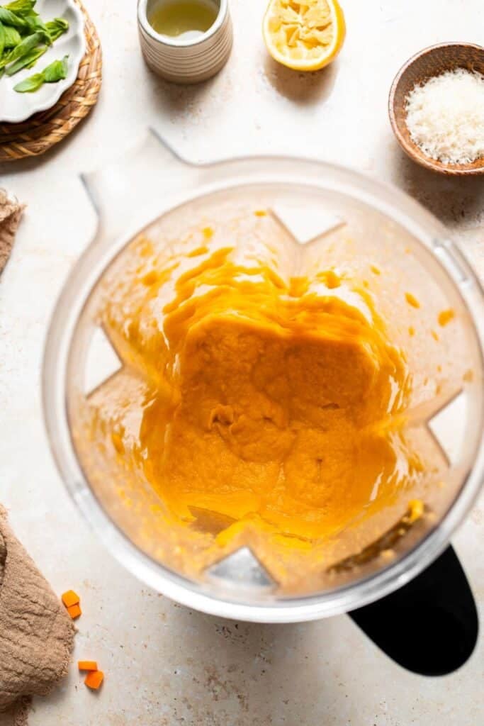 A portion of soup blended in a blender