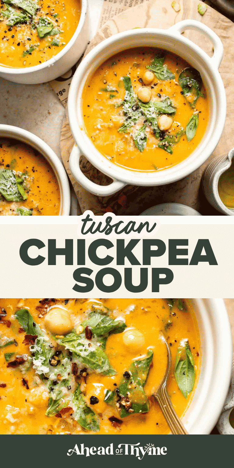Tuscan Chickpea Soup recipe — a creamy one-pot soup with chickpeas, sun-dried tomatoes, spinach, and Parmesan cheese | Ahead of Thyme