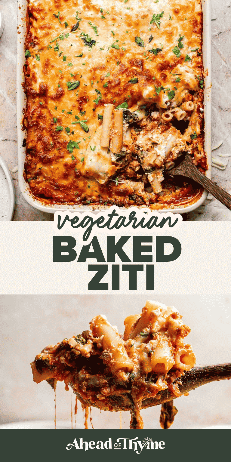 Vegetarian Baked Ziti recipe — layers of pasta, mushroom marinara sauce, ricotta, and melted mozzarella baked until golden | Ahead of Thyme