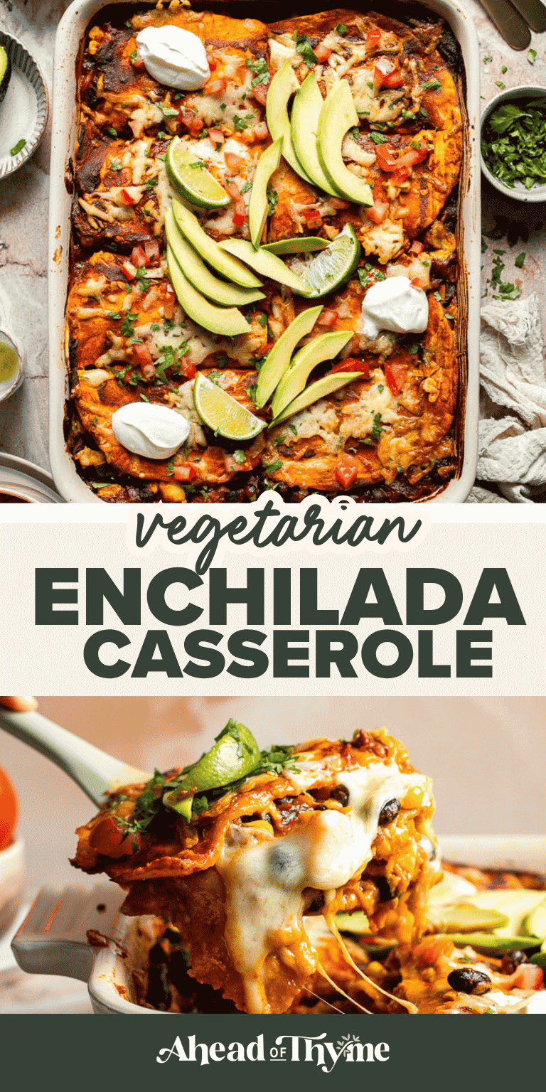 Vegetarian Enchilada Casserole recipe — layered tortillas, black beans, veggies, and melted cheese baked until bubbly and golden | Ahead of Thyme