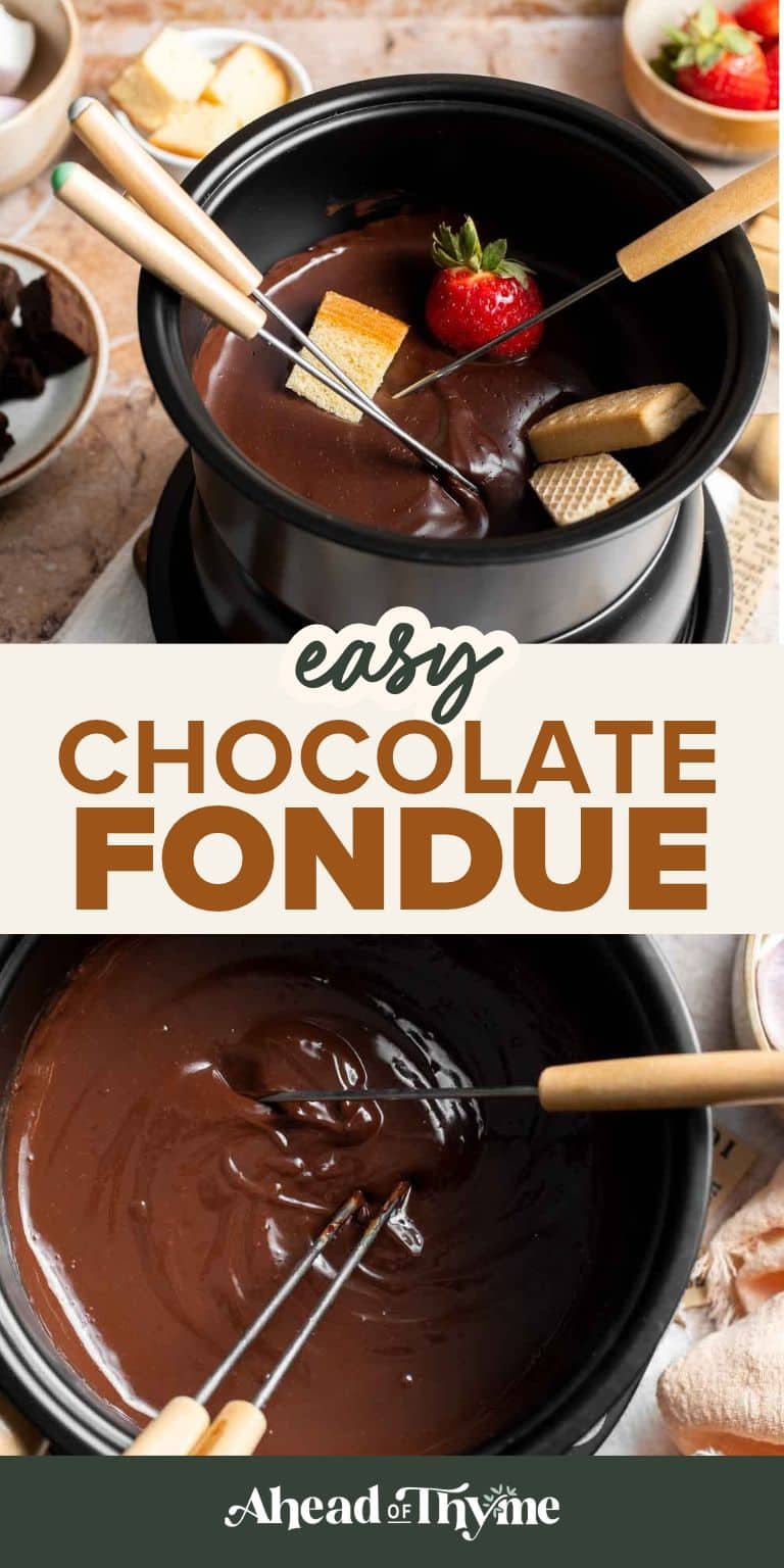 Easy Chocolate Fondue recipe. A pot of silky melted chocolate fondue with a strawberry and cake on fondue forks, ready for dipping.