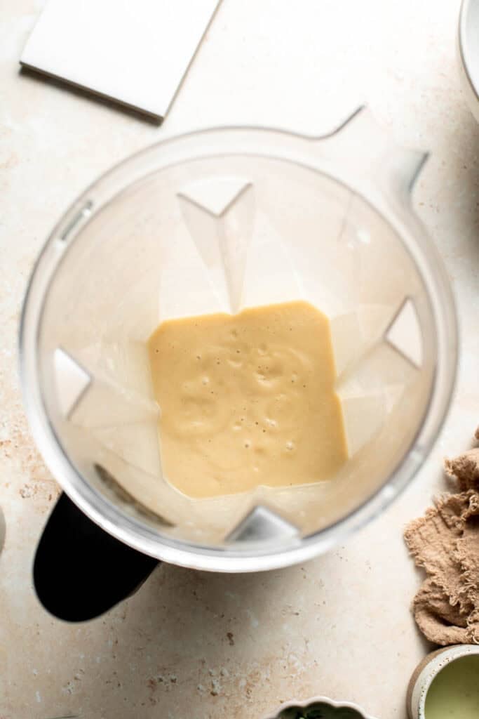 Blended chili base in the blender, smooth and creamy.