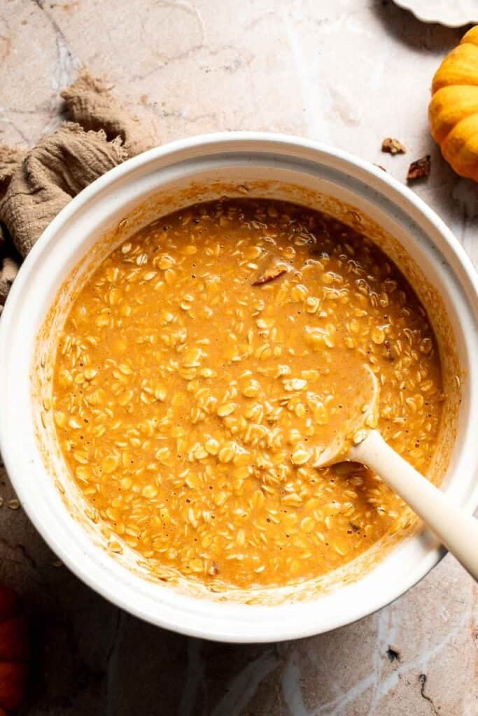 Thick pumpkin oatmeal batter mixed until evenly combined