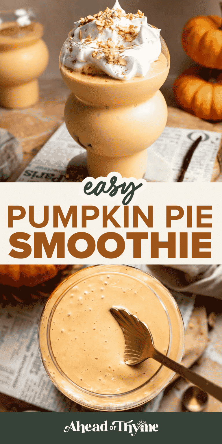 Pumpkin Pie Smoothie recipe. A thick, creamy pumpkin smoothie topped with whipped cream and granola, styled with mini pumpkins for a cozy fall look.