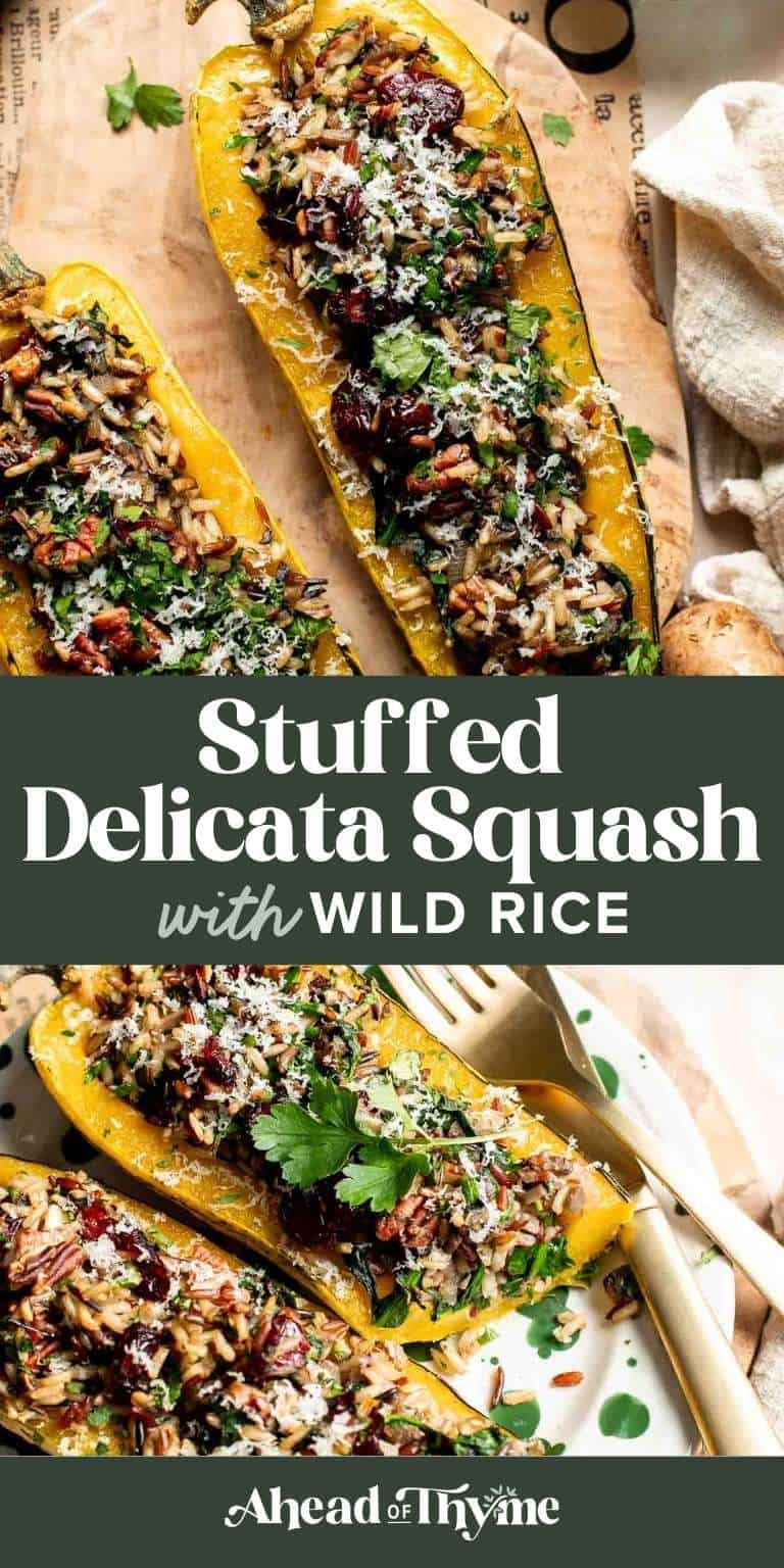 Stuffed Delicata Squash with Wild Rice recipe. Roasted delicata squash boats filled with a savory wild rice stuffing of mushrooms, spinach, cranberries, and pecans, topped with Parmesan and fresh parsley for a cozy fall dinner.
