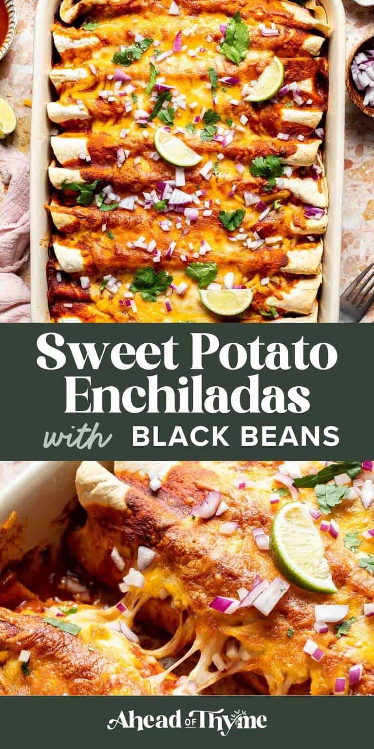 Sweet Potato Black Bean Enchiladas recipe. A baking dish of cheesy enchiladas filled with roasted sweet potatoes and black beans, topped with melted cheese, red onion, cilantro, and fresh lime.