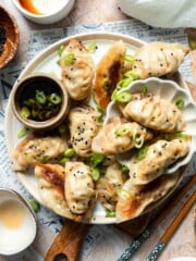 Vegetable gyoza on a plate with crispy golden bottoms, black sesame seeds, and sliced green onions, served with a bowl of dipping sauce and chopsticks.