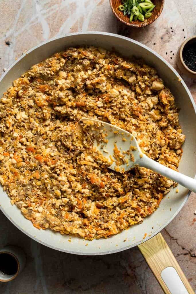 Seasonings stirred into the gyoza filling until combined.