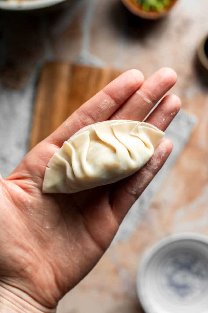 Finished pleated vegetable gyoza resting in the palm of a hand.