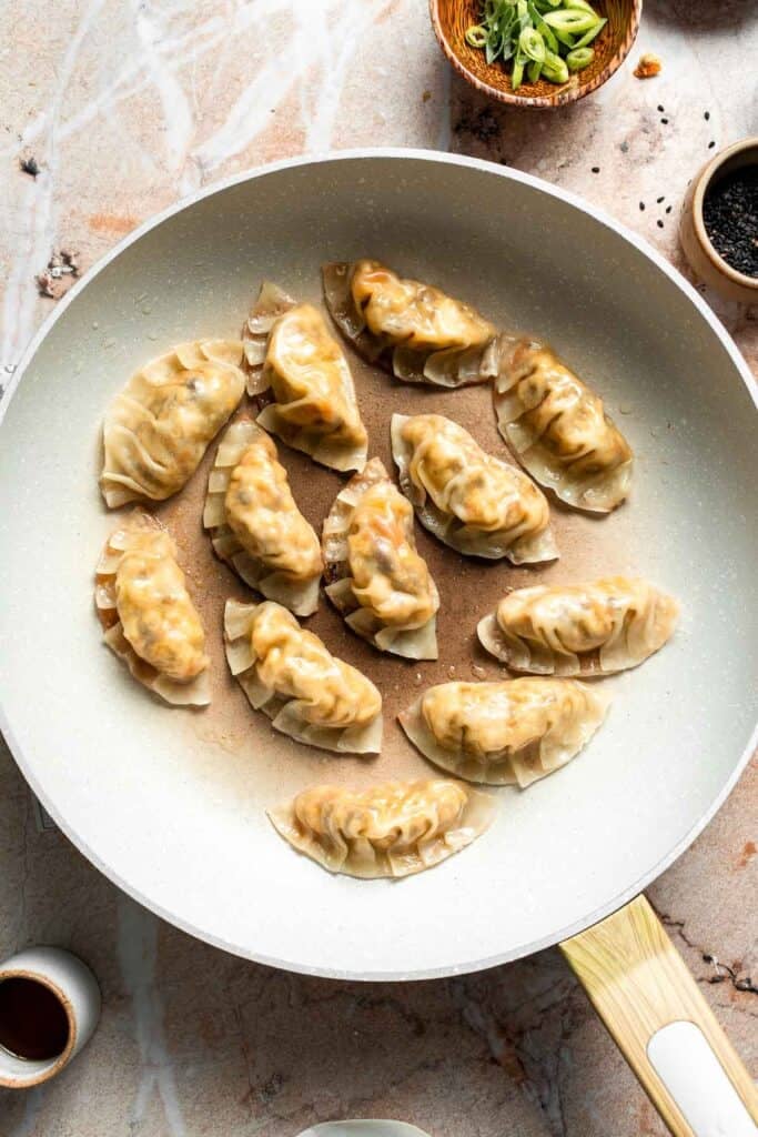 Pan-fried gyoza in the skillet after steaming, with the lid removed.