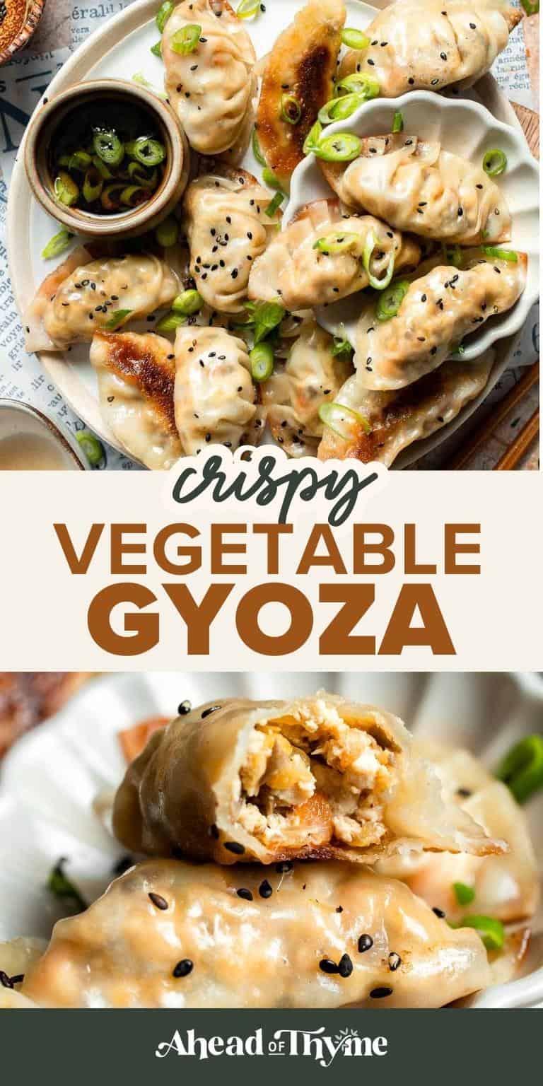 Vegetable Gyoza recipe. Crispy pan-fried vegetarian gyoza filled with mushrooms, tofu, and cabbage, topped with black sesame seeds and green onions, served with a soy dipping sauce.
