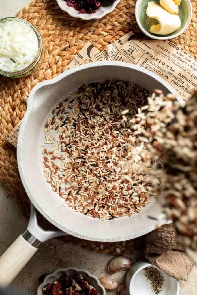 Wild rice blend in a saucepan before cooking.