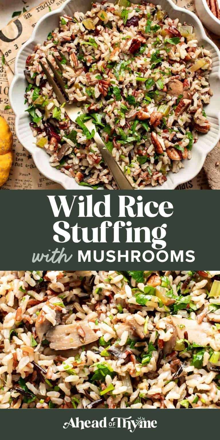 Wild Rice Stuffing recipe. A bowl of hearty wild rice stuffing with mushrooms, cranberries, pecans, and fresh parsley, styled with mini pumpkins for a cozy Thanksgiving side dish.