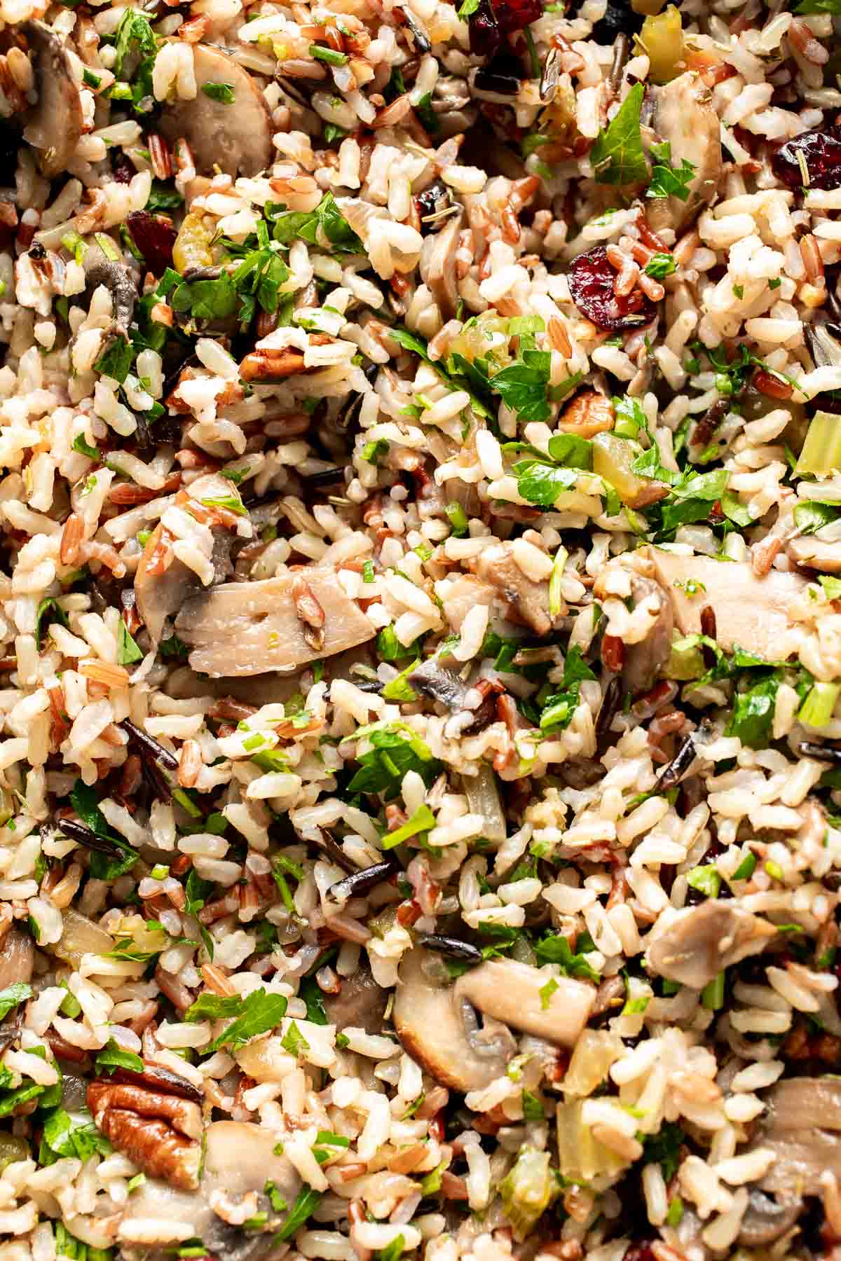 Close-up of wild rice stuffing with mushrooms, cranberries, pecans, and fresh parsley.